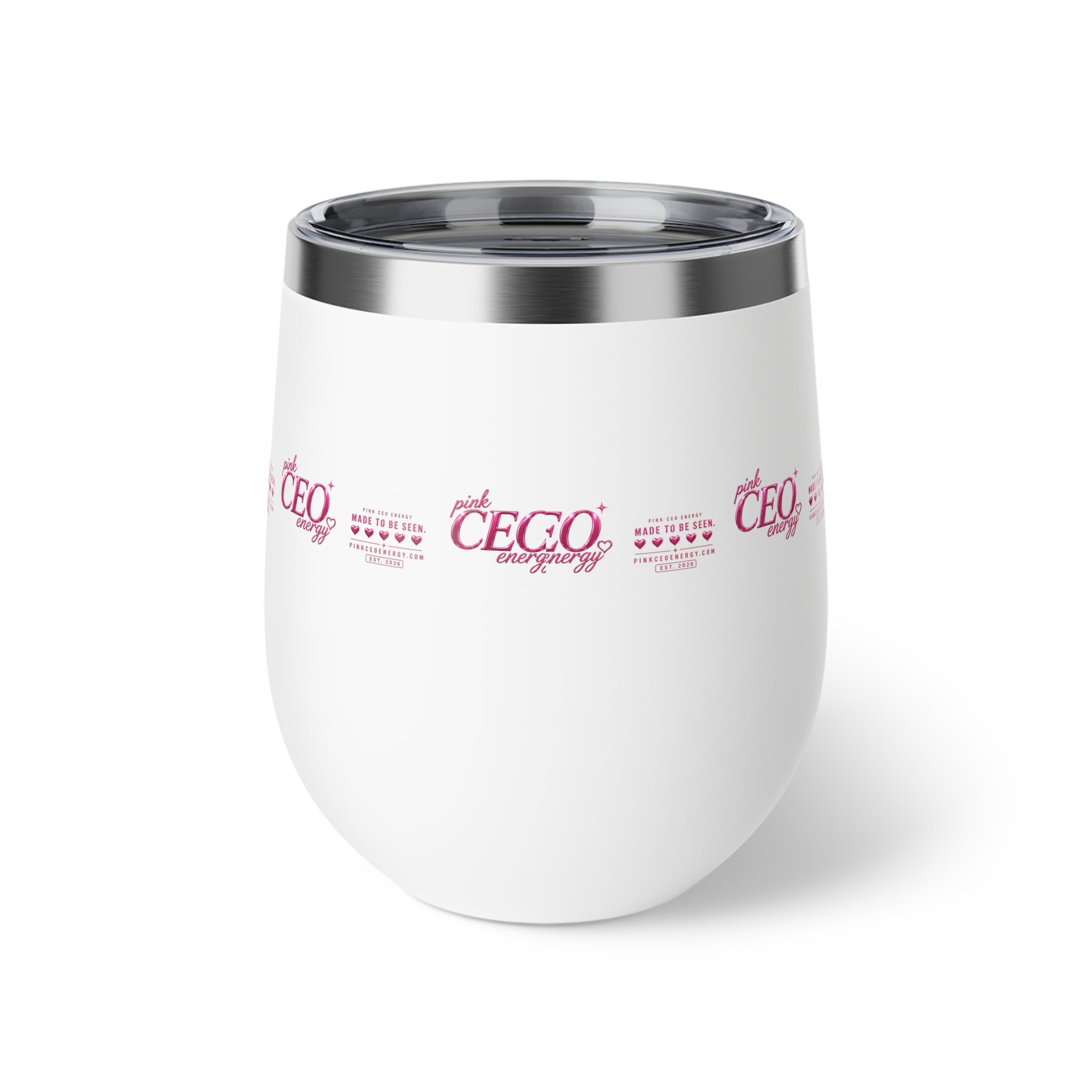 Image 6: Pink CEO Energy 12oz wine tumbler – close-up
