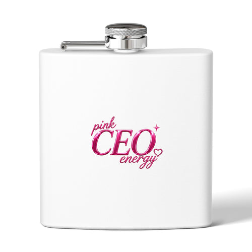 Image 2: Pink CEO Energy 6oz stainless steel hip flask – front view

