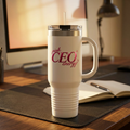 Image 1: Pink CEO Energy 40oz insulated travel mug with handle and straw

