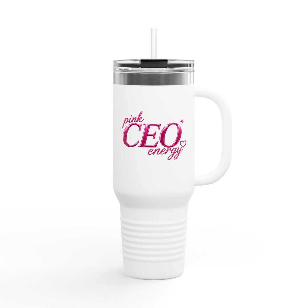 Image 3: Pink CEO Energy travel mug – lifestyle shot
