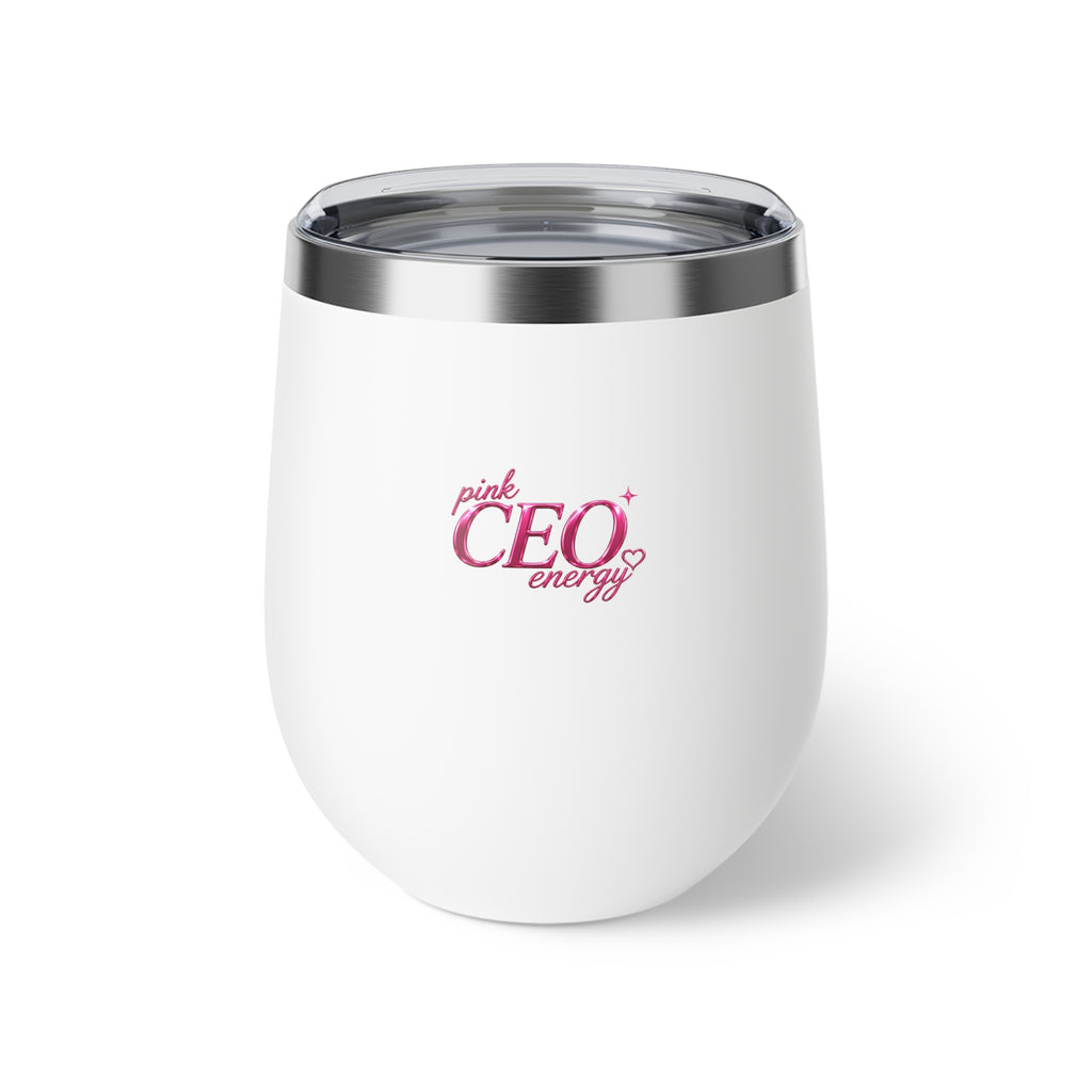 Image 1: Pink CEO Energy 12oz insulated stemless tumbler – front view
