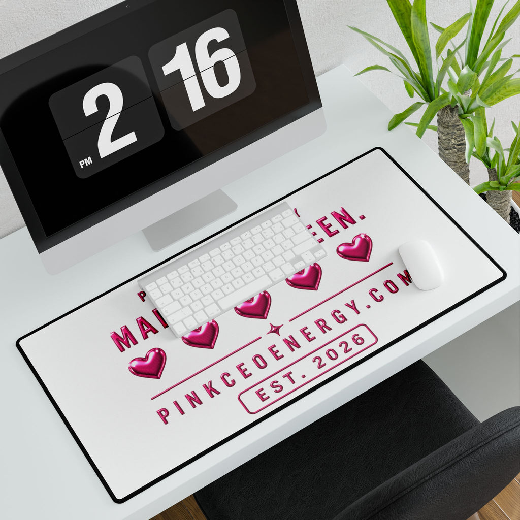 Desk Mat — "Made to Be Seen" Pink CEO Energy Desk Mat (Pink Hearts, Est. 2026)