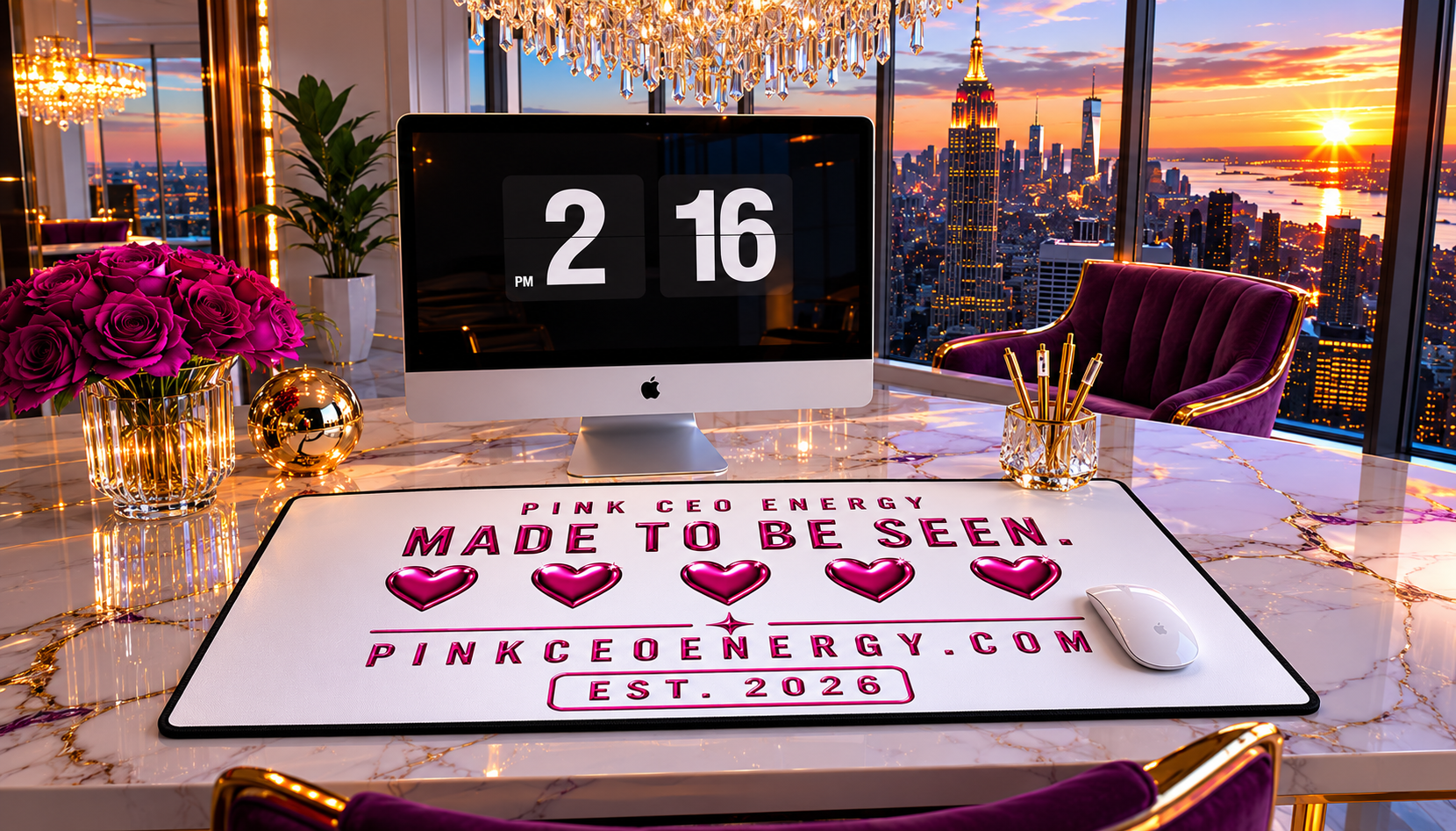 Desk Mat — "Made to Be Seen" Pink CEO Energy Desk Mat (Pink Hearts, Est. 2026)